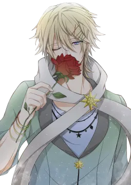 an anime character with blonde hair and blue eyes holding a red rose