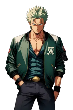 a man in a green jacket and black pants, standing with his hands on his hips