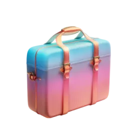 a blue and pink lunch box with gold handles