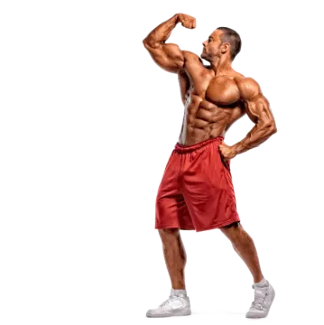 a man in red shorts flexing his muscles