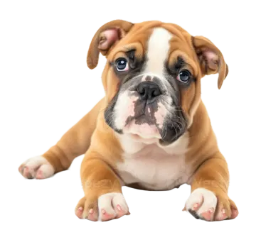 a small brown and white dog laying down