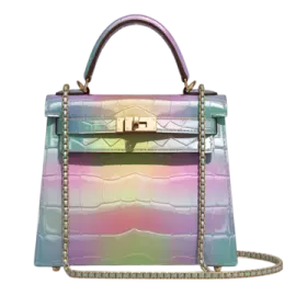 a rainbow colored handbag on a white background