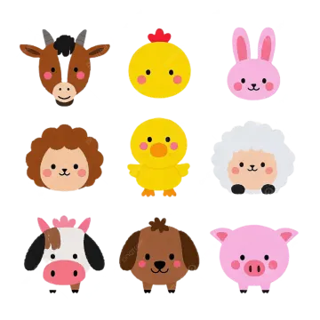 a set of farm animals and chickens on white background