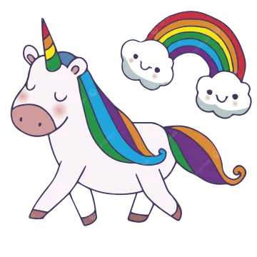a cartoon unicorn with rainbows and clouds