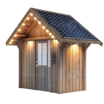 a small wooden house with solar panels on the roof