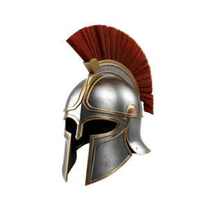 a spartan helmet with red feathers