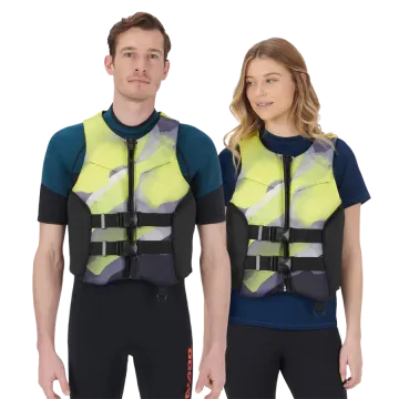 a man and woman wearing life vests