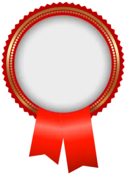 a red and gold medal with a white background