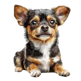 a small black and brown dog sitting on a white background