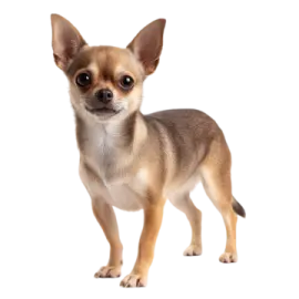a small dog standing on top of a white surface