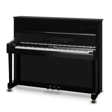 a piano with a black case