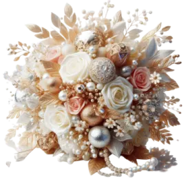 a wedding bouquet with flowers and pearls