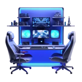 a computer desk with two chairs and a monitor