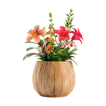 a wooden vase with flowers in it