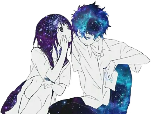 two people sitting on the ground in front of a galaxy background