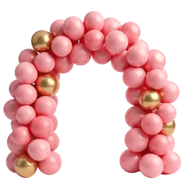 a pink and gold balloon arch