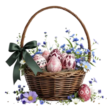 a basket filled with easter eggs and flowers