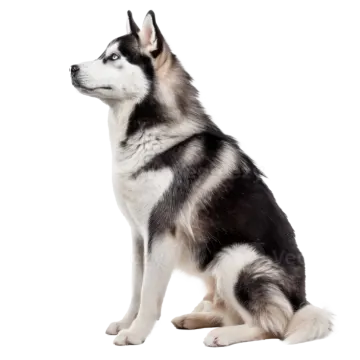 a husky dog sitting in front of a white background