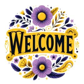 a welcome sign with purple and yellow flowers
