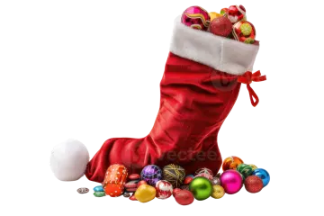 a red christmas stocking filled with colorful ornaments