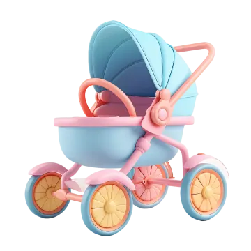 a blue and pink baby stroller with wheels