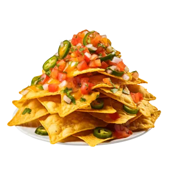 a plate full of nachos with tomatoes and onions