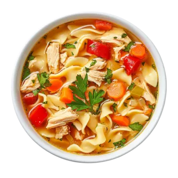 a white bowl filled with chicken noodle soup