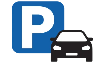 a blue parking sign with a black car