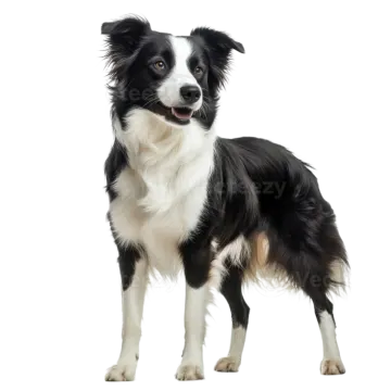a black and white dog standing on a white background