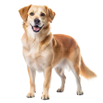a brown dog standing in front of a white background
