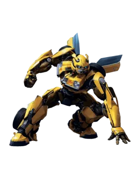 a yellow and black robot standing on a white background