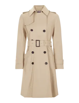 a beige trench coat with black buttons