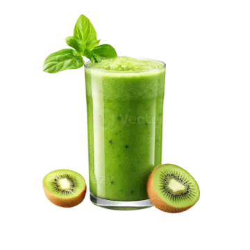 a glass filled with green smoothie next to sliced kiwia