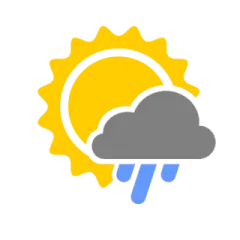 a weather icon with the sun and rain
