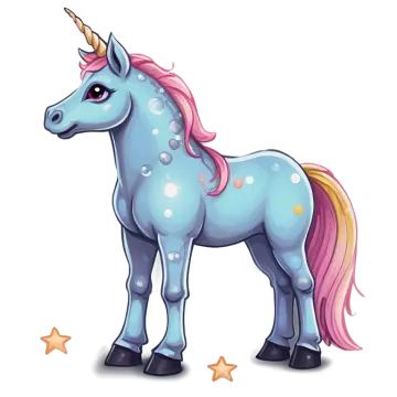 a cartoon unicorn with pink hair and blue eyes