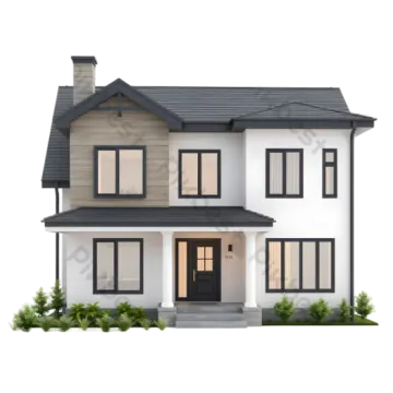 a two story house with black roof and white walls