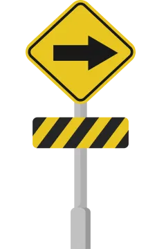 a yellow and black road sign with an arrow