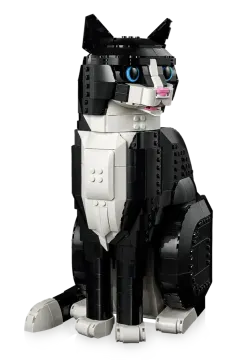 a black and white lego dog with blue eyes