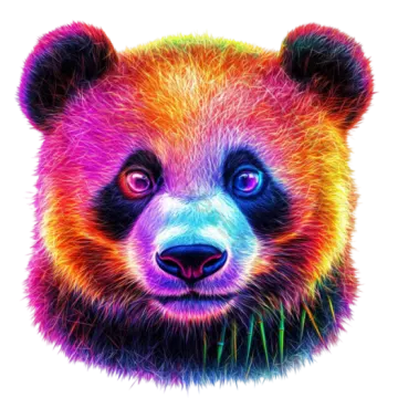 a colorful panda bear face with blue eyes