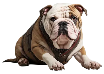 a brown and white dog laying down on the ground