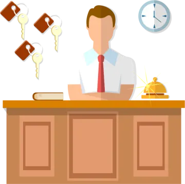 a man sitting at a desk in front of a clock