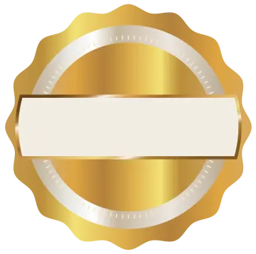 a gold seal with a white label on it