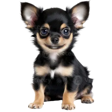 a small black and tan chihuahua puppy sitting down