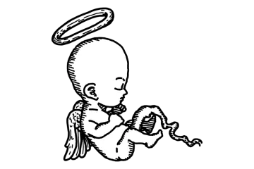 a black and white drawing of an angel holding a baby