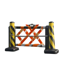 an orange and black barr gate with a white background