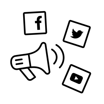 a black and white icon of a megaphone, a bullhorn, and a video camera