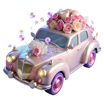 a pink car with roses and petals on the hood