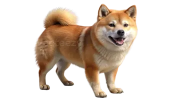 a brown and white dog standing on a white background