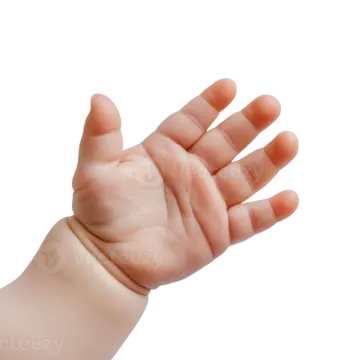 a baby's hand is held up in the air