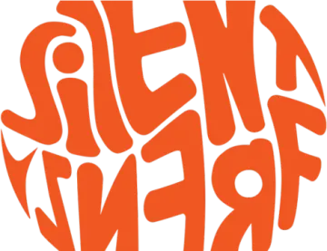 an orange and white logo with the words